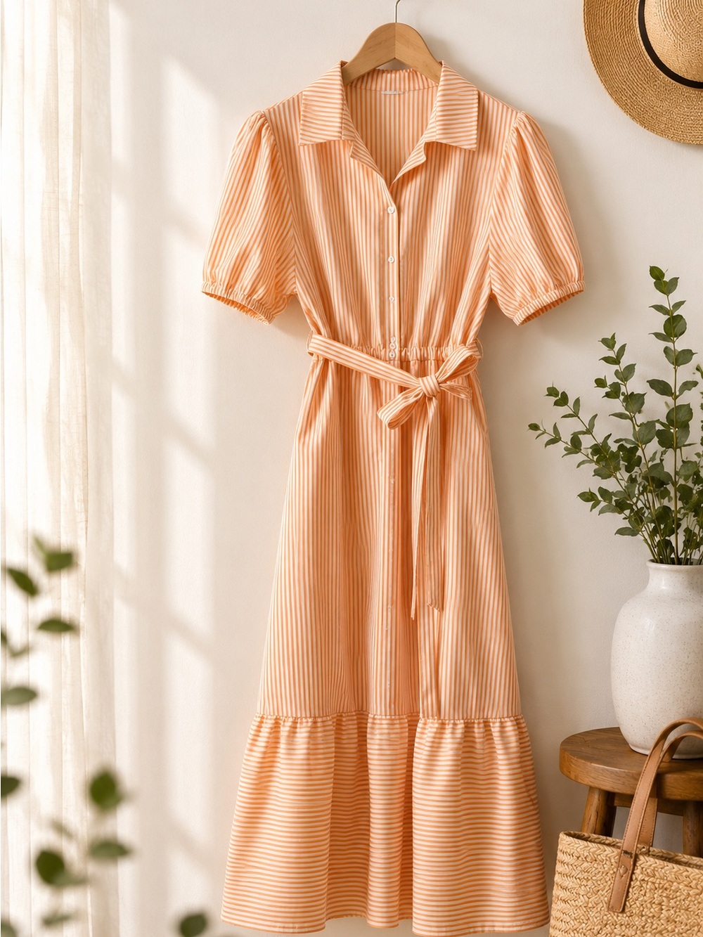 SHEIN Orange and White Striped Button-Front Dress